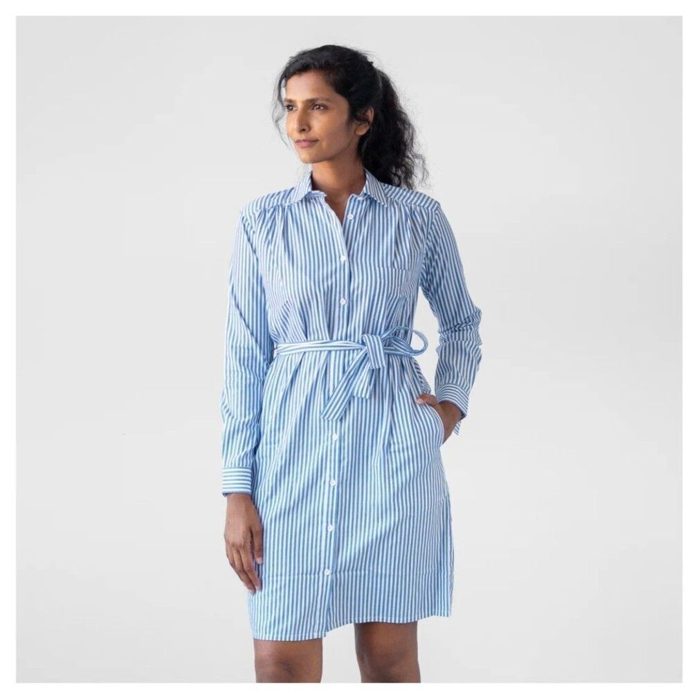 Stock Mfg Button Up Cotton Women's Hickory Stripe Shirt Dress Size Medium